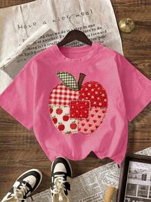 Back To School Teacher Big Apple Graphic Patchwork Shirt, Women's Casual Solid Color Round Neck Short Sleeve Minimalist T-Shirt Summer - Multicolor - View 3