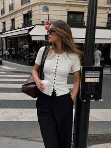 2026 Women's Wavy Single-Breasted Niche Design Minimalist Round Neck Short Sleeve Knit Top - White - View 4