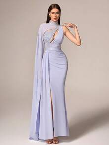 VIPGIRL New Light Blue One-Shoulder Handmade Floral Design Mesh Patchwork Pleated Skirt Elegant Luxurious Graceful Evening Gown - Baby Blue - View 1