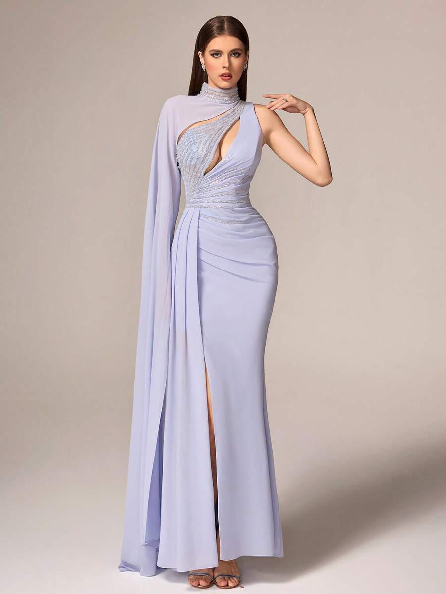 VIPGIRL New Light Blue One-Shoulder Handmade Floral Design Mesh Patchwork Pleated Skirt Elegant Luxurious Graceful Evening Gown - Baby Blue - View 1