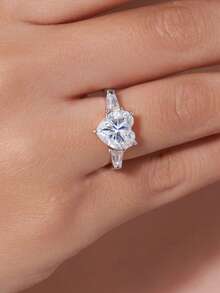 MONALLY Heart Cubic Zirconia Ring Engagement Ring Women Promise Ring Open Adjustable Ring Baguette Side Stones Ring Heart Wedding Band Jewelry Gift - Open Ring - View 7