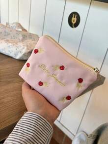 日韓風小眾設計 Ins 風可愛卡夾零錢包，字母與花朵刺繡，小口紅收納袋，清新便攜收納包，高顏值零錢包 - 粉色 - 查看 5