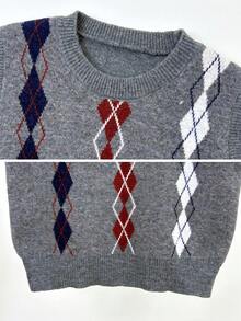 Women's Vertical Striped Argyle Jacquard Knit Vest, Round Neck Sleeveless Sweater Fall - Grey - View 7