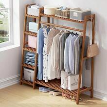 LIVINGANDHOME 110/130cm Width Bamboo Bedroom Garment Clothes Rack With Storage Shelves And Hanging Rail,Garment Rack,Bamboo Clothes Rail,Clothing Standing Rack For Bedroom Hallway Entryway - Brown - View 3