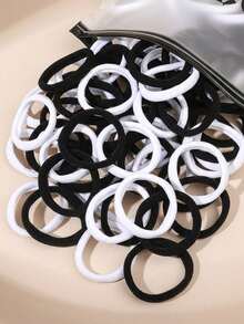 100pcs Girls Black & White High Elasticity Non-Damaging Thumb Hair Ties, Suitable For Daily Wear - Multicolor - View 6
