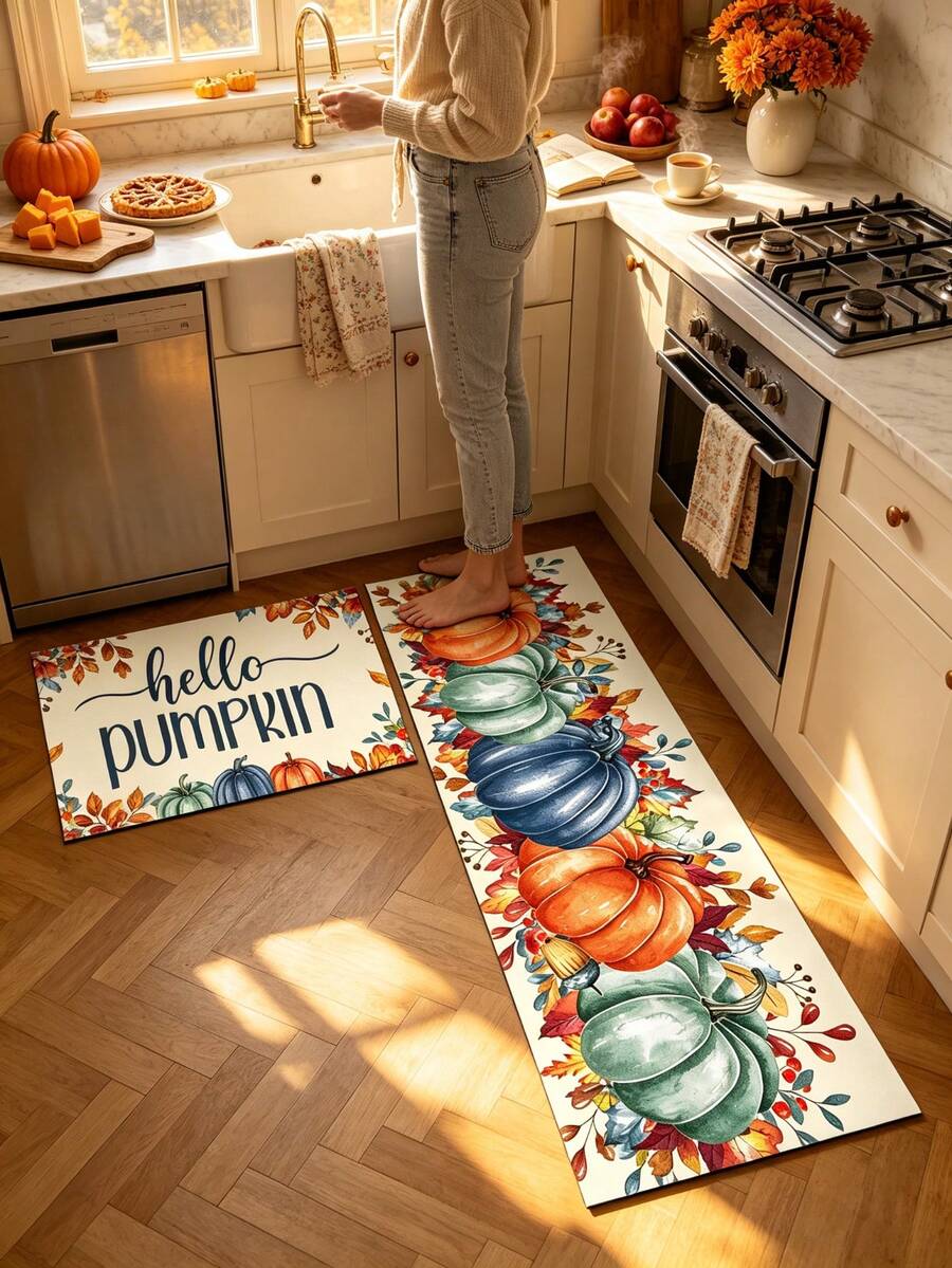 1/2pcs Thanksgiving Multi-Color Pumpkin Pattern Kitchen Decor Rug, Autumn Kitchen Carpet And Mat, Non-Slip Washable Absorbent Kitchen Accessories Decorative Mat, Thanksgiving Holiday Gift! - Multicolor - View 1
