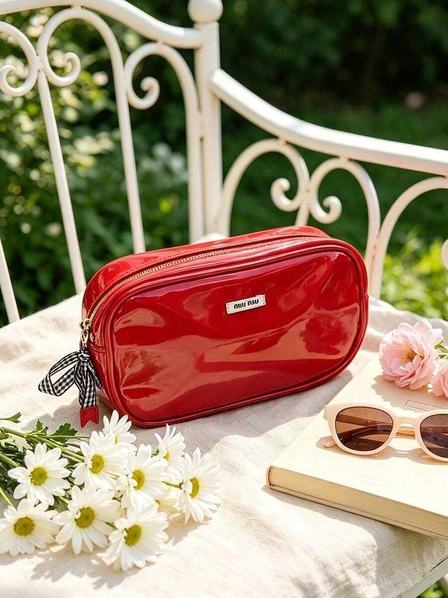 Miu Miu Festive Shiny Red Waterproof Patent Makeup Organizer Bag For Full Set Cosmetic Skincare Storage Wedding Guest Surprise Gift MIUMIU-GIFT-27 - Red - View 1