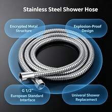 1pc 150/200CM Stainless Steel Explosion-Proof Shower Hose, Flexible Encrypted Bathroom Shower Water Pipe Extension Tube, Universal Bathroom Accessories Two Types Of Connector Styles Are Shipped Randomly. - Stainless Steel Reinforced - View 3