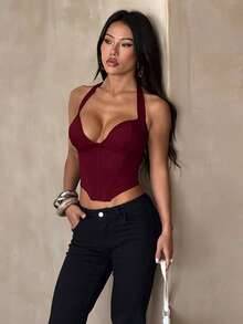 女款夏季紅色V領收腰掛脖上衣,適合休閒、約會、旅行、度假、海灘及其他場合 - 酒紅色 - 查看 2