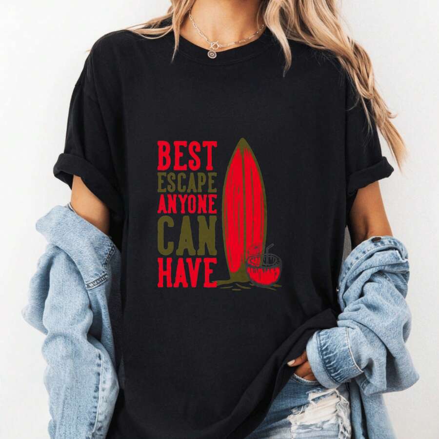 Casual Graphic, Women's T-Shirt, Best Escape Anyone Can Have Surfboard Design, Summer Beach Vacation, Gift For Surfing Enthusiasts - Black - View 1