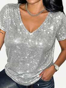 Blazique Shiny Silver V-Neck Loose Fit Casual Top, Flattering For Party Wear Vacation Summer - Silver - View 1