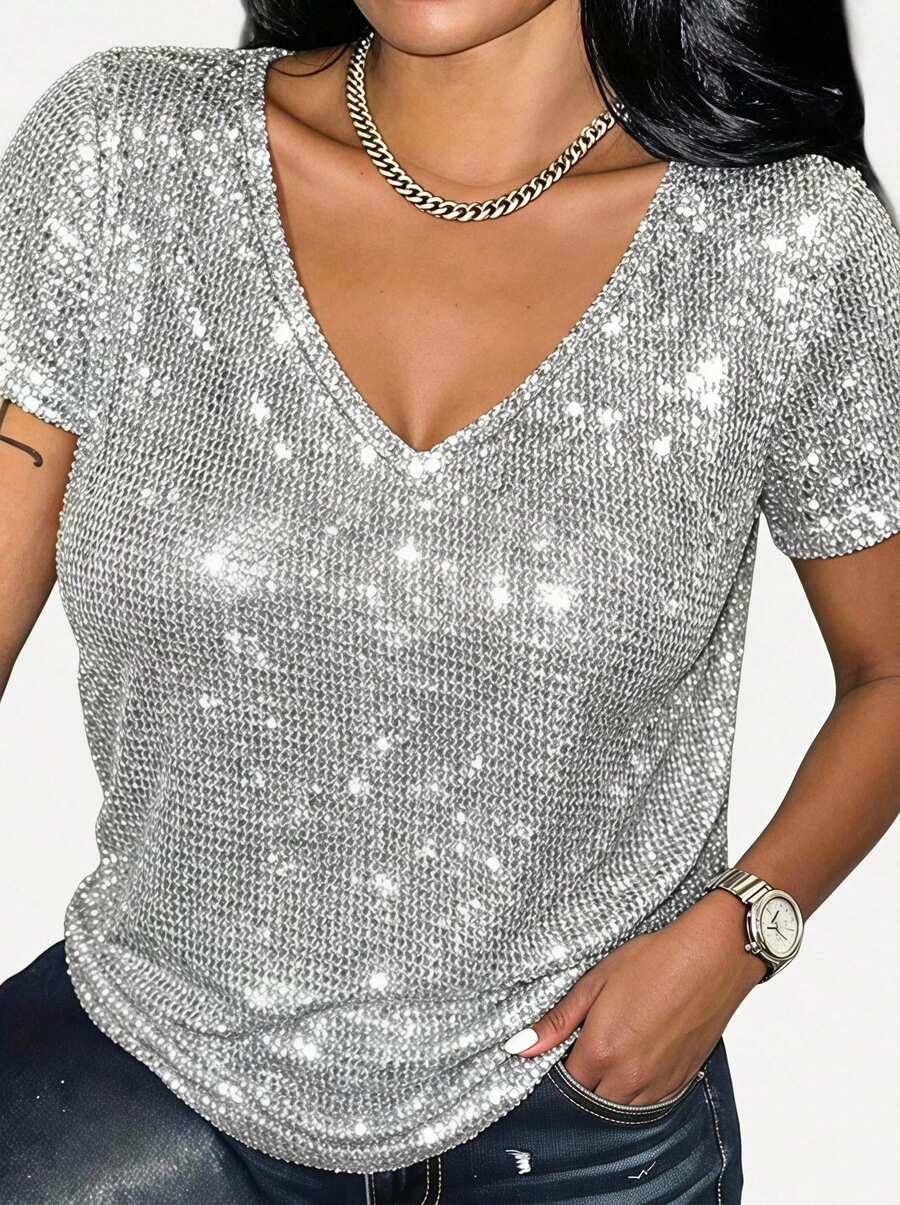 Blazique Shiny Silver V-Neck Loose Fit Casual Top, Flattering For Party Wear Vacation Summer - Silver - View 1