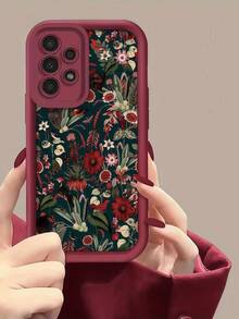 1pc Dark Green Plant & Floral Print Phone Case, Burgundy Leather Frame Shockproof Soft TPU Protective Cover, Compatible With GALAXY, HONOR, Phones - Burgundy - View 4