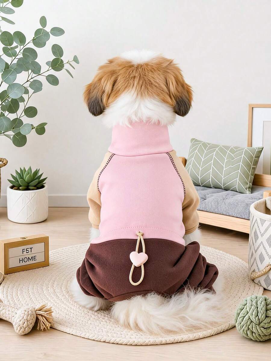 PETCIRCLE 1PC Pet Clothes Small Dog Puppy Cute Pet Autumn/Winter Versatile Jumpsuit Windproof Warm Colorblock Four-Legged Outfit - Pink & Coffee - Multicolor - View 1