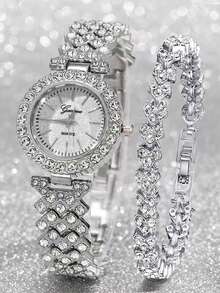 This 2-Piece Elegant Rhinestone Watch Set Is A Fashionable, Minimalist, And Luxurious Full Rhinestone Women's Quartz Watch, Paired With A Heart-Shaped Diamond Bracelet, Suitable For Festivals, Parties, Weddings, Gatherings And Daily Wear, Making It The Perfect Gift For Women. - Silver - View 2
