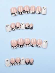 24PCS Short Square Fake Nails Halloween Series Black And White French Spider Web Ghost Drops Nail Alloy Acrylic Pressure On Nails Gel Nail Nail Supplies Nail Set (Attached: 1pc Jelly Glue & 1pc Nail File) Suitable For Women's Daily Dating - Black and White - View 2