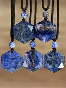 Yumfeel Natural Sodanite Hexagram Pendant Necklace Unisex, Hand-Woven. Bohemian Spring/Summer Beach Style, Perfect For Everyday Party And Holidays Wear.Gift - Royal Blue - View 4