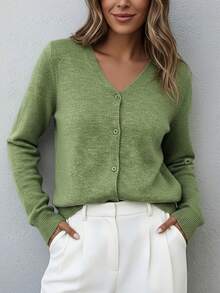 15% Wool Sweater, Women's Solid Color Minimalist Loose Knit Cardigan, Button Round Neck Versatile Sweater, Suitable For Daily Commute, Street Style Outfit - Green - View 6