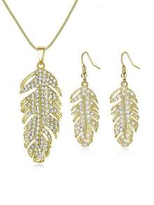 Elegant Elegant Women's Full Rhinestone Feather Pendant Necklace & Ear Hook Set, Versatile For Evening Party, Date, Commute, Holiday Gift Accessory - Feather - View 8