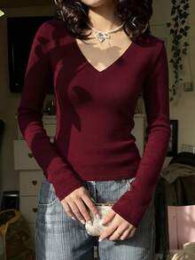 Spring/Autumn Burgundy Ribbed Long Sleeve Knit Top For Women, Deep V-Neck Slim Fit Cropped Waist-Baring Basic Sexy Knit Base Layer - Burgundy - View 1