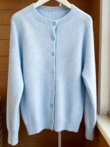 Women's Autumn Sweater, Gentle Light Blue Solid Color Round Neck Button Front Cardigan, Office And Outdoor Street Style Fall - Baby Blue - View 7
