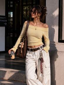 Soft Ribbed Off Shoulder Long Sleeve Knitted Crop Top, Pastel Yellow Slim Fitting Short Sweater For Women Street Fashion - Yellow - View 2