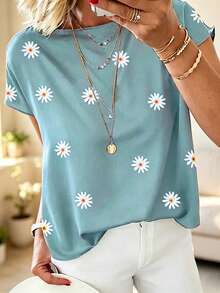 Women's Floral Daisy Print Short Sleeve Crew Neck Basic Top, Suitable For Daily Outings Shirt-Style Long Top - Mint Green - View 1