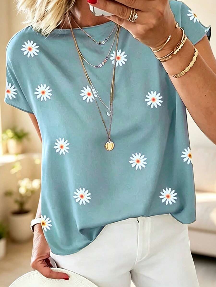 Women's Floral Daisy Print Short Sleeve Crew Neck Basic Top, Suitable For Daily Outings Shirt-Style Long Top - Mint Green - View 1