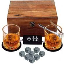Juego de Vasos para Whisky Regalo para Padre - 2 Vasos Vidrio Templado + 8 Piedras de Granito Natural con Almohadillas Absorbentes​ - Ver 1