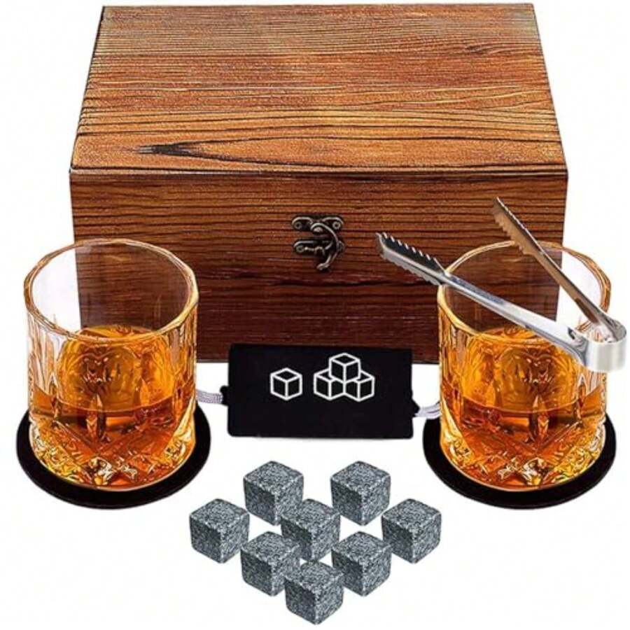Juego de Vasos para Whisky Regalo para Padre - 2 Vasos Vidrio Templado + 8 Piedras de Granito Natural con Almohadillas Absorbentes - Ver 1