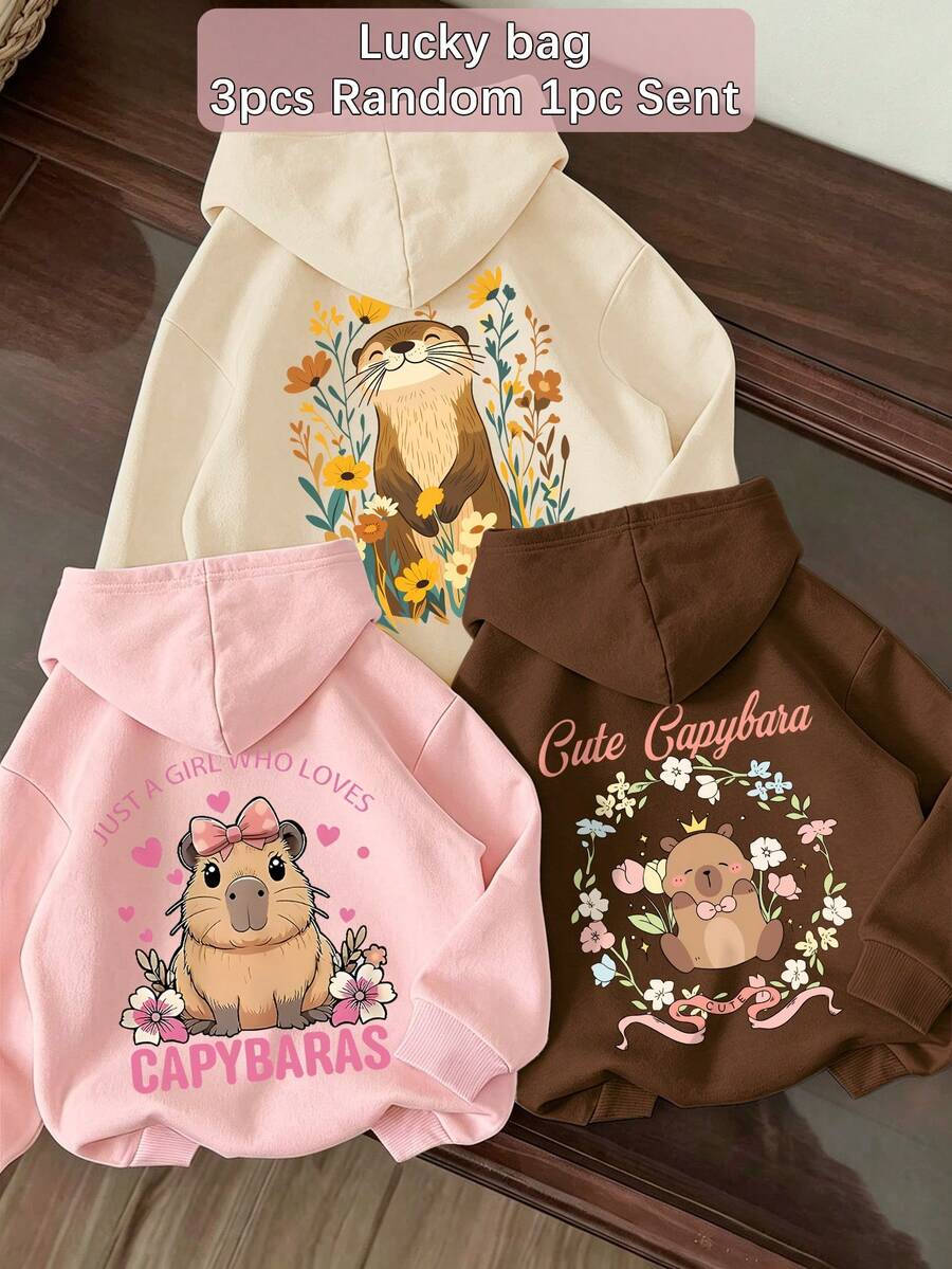 【隨機3款,發貨1件】Nature Girls 大廓型連帽衛衣,可愛水獺花卉印花,柔軟休閒街頭風運動衫 - 杏色 - 查看 1