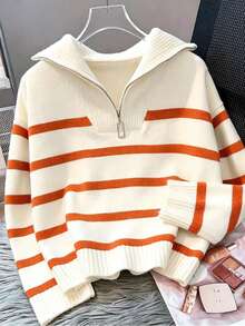 Sweater Rajut Bergaris Wanita dengan Resleting Baru untuk Musim Gugur/Dingin, Pullover Minimalis Modis, Serbaguna - Burnt Orange - View 5