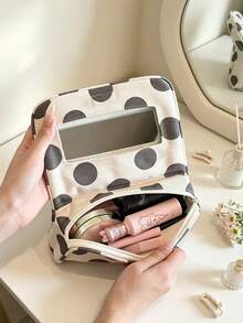 Vintage Grey Polka Dot Makeup Bag, Built-In Mirror, Travel Cosmetic Storage Box, Zippered Skincare Organizer Bag, Suitable For Lipstick, Makeup Tools, Daily Use - Multicolor - View 3