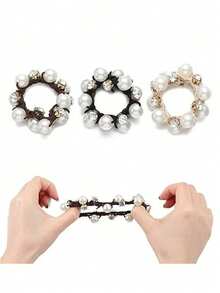 3pcs Minimalist Korean Style Elegant Pearl Rhinestone Hair Ties, High Ponytail Hair Bands, Suitable For Women's Daily Wear - Multicolor - View 3