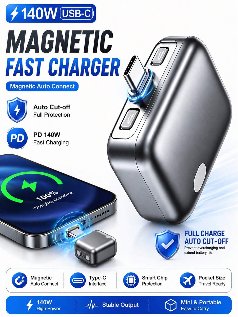 Adaptor Pengisian Cepat Type-C 140W dengan Fungsi Mati Otomatis, Port Pengisian Magnetik yang Dapat Muncul, Mati Otomatis Saat Terisi Penuh 100%, Cocok untuk Pengisian Semalaman