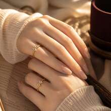 1pc Elegant Gold Bow Adjustable Ring For Women, Dainty CZ Crystal Open Ring, Sweet Cute Coquette Finger Jewelry Gift - Gold - View 4