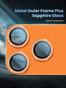 1pc Orange Rhinestone Inlaid Metal Surface Ultra-Thin 9H Tempered Glass Camera Lens Protector, Ultra-Clear Anti-Scratch Anti-Oil Anti-Fingerprint Anti-Dust Full Coverage Anti-Collision Phone Accessory, Compatible With IPhone 17 Pro Max 17 Pro - Orange - View 7