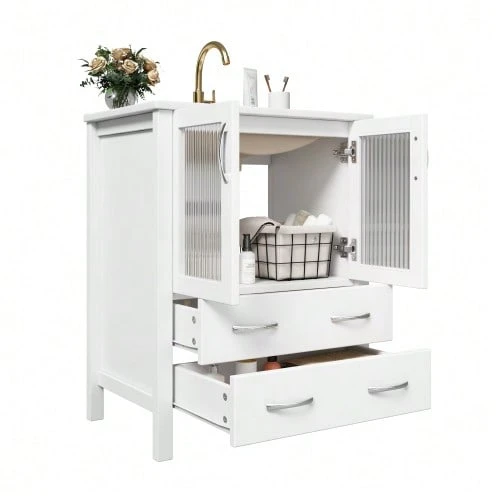 61 Cm Floor-Standing Vanity Unit, Gloss White, With Ceramic Basin, Fluted Glass Doors, Storage Drawers, Silver Handles, Tap Not Included - White - View 1