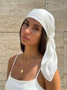 1Pc Soft Solid Color Minimalist Polyester Silk-Like Square Scarf, Headband, Hair Tie, Ideal For Styling - White - View 6