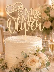 Customized Wedding Cake Topper, Personalized Mr & Mrs Name And Date Decoration, Anniversary Party Centerpiece, Suitable For Bridal Shower, Engagement, Reception Celebration Wedding Gift - Style D - View 4