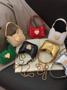 1pc Casual Girl PU Leather Shoulder Handbag, Mini Solid Color Heart Crocodile Embossed Material Shoulder Bag - A - View 2