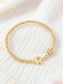 1Pc A-Z Letter Beaded Stretch Bracelet, Rhinestone Ball Charm Alphabet Elastic Bracelet, Personalized Stackable Bead Hand Jewelry For Girls Daily Gift - Multicolor - View 30