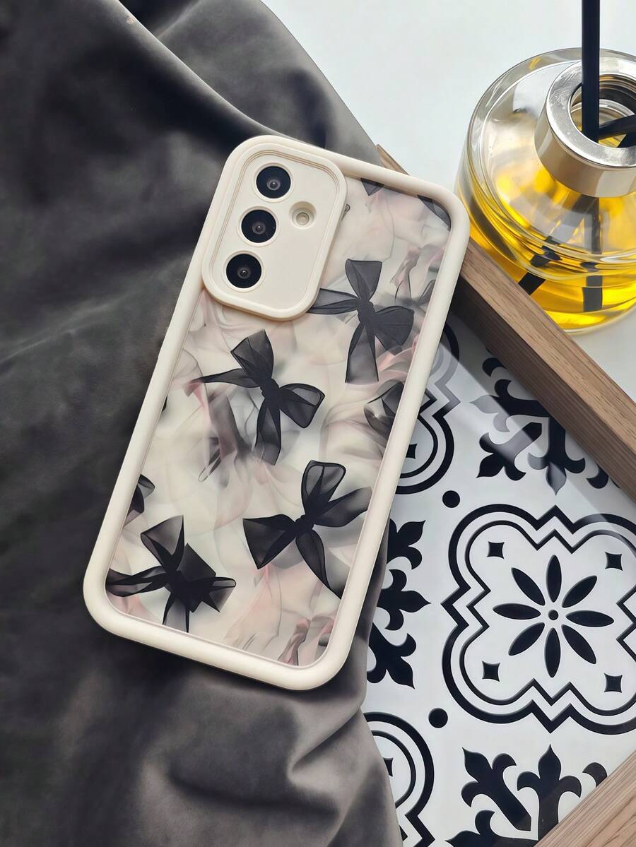 1pc Black Bowknot Print Phone Case With Ink Wash Gradient Background, White Leather Frame Shockproof Soft TPU Protective Cover, Compatible With GALAXY, HONOR, Phones - White - View 1