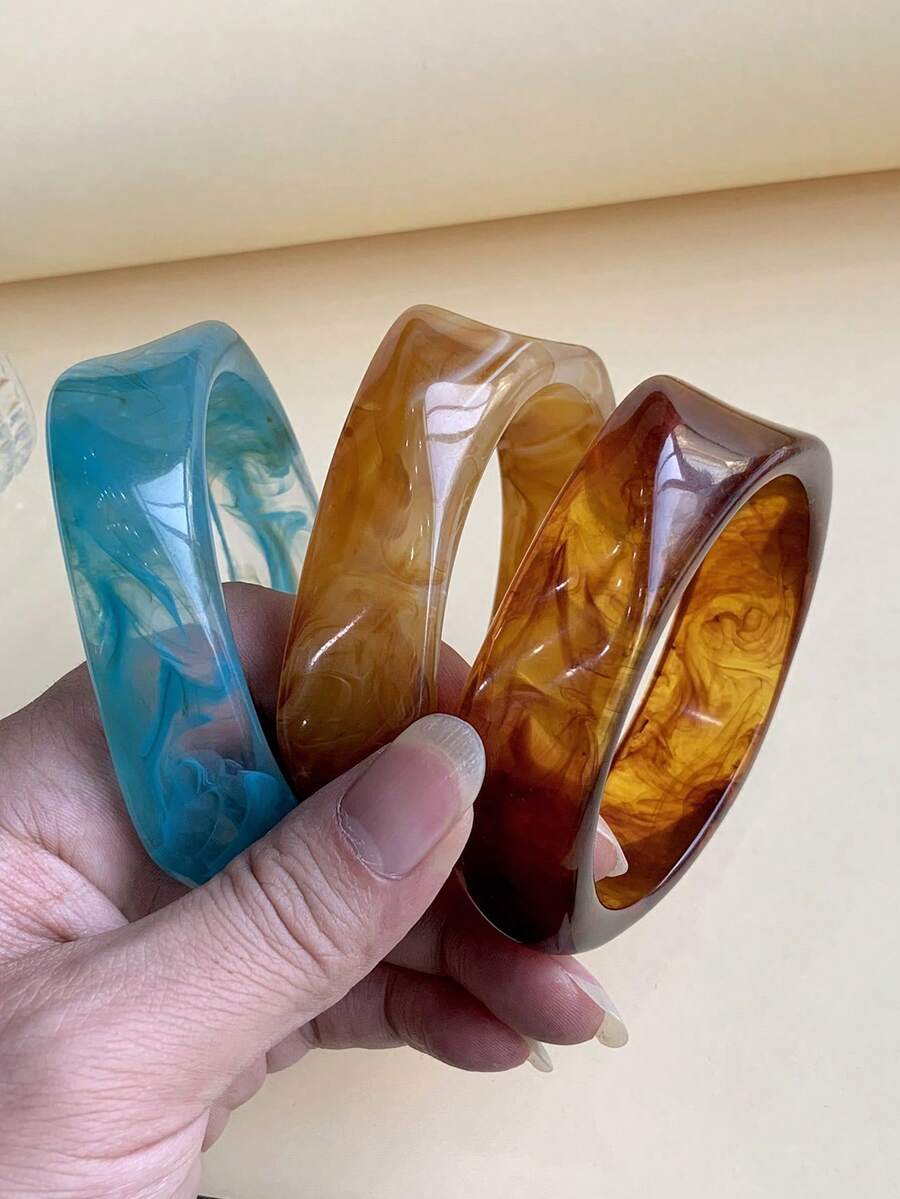 Set Gelang Akrilik Asimetris Tebal Berwarna-warni Gaya Vintage 3 Buah, Cocok untuk Wanita, Pemakaian Sehari-hari, Hadiah untuk Teman dan Keluarga - MultiWarna - View 1