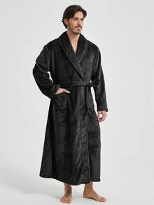 1pc Men's Solid Color Flannel Bathrobe, Shawl Collar Long Plush Bathrobe, Soft Casual Home Bathrobe, Comfortable Home Bathrobe - Multicolor - View 9