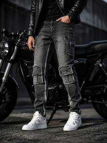 Ins Motorcycle Blogger Style Distressed Grey Ripped Raw Edge Cargo Denim Jeans With Multiple 3D Pockets Deconstructed Design Slim Fit Flattering Riding Denim Pants For Men - Grey - View 1