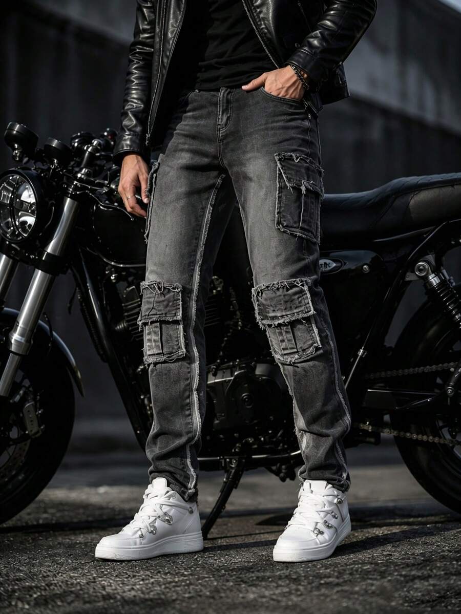 Ins Motorcycle Blogger Style Distressed Grey Ripped Raw Edge Cargo Denim Jeans With Multiple 3D Pockets Deconstructed Design Slim Fit Flattering Riding Denim Pants For Men - Grey - View 1
