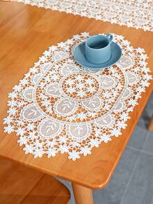 1pc Peacock Feather Shaped Table Runner, Modern Minimalist White Polyester Thread Oval Fully Water-Soluble 3D Hollow Lace Trim Table Runner, Suitable For Daily Use, Wedding, Living Room, Dining Room, Coffee Table, Dining Table, Furniture, Etc. - White - View 7