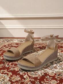 Women's Fashion Wedge Sandals Open Toe Design With Ankle Strap Woven Thick Sole Comfortable Versatile Summer Travel Style Khaki - Khaki - View 9