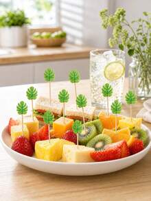 100/50/10pcs Monster Leaf Cocktail Picks, Elegant Toothpicks, Suitable For Appetizers, 4.7 Inch Long Bamboo Fruit Skewers, Decorative Beverage Food Picks, Perfect For Summer Tropical Hawaiian Birthday Party - Multicolor - View 4